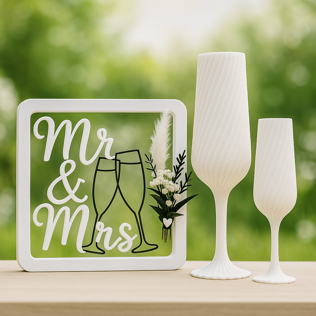 Dekoratives 3D-Set mit 'Mr & Mrs'-Rahmen, angestoßenen Sektgläsern – elegante Tischdeko für Hochzeiten im modernen Stil.