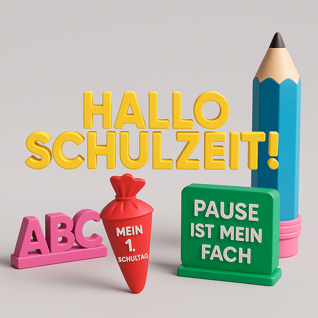 Buntes 3D-Design mit Schriftzug ‚Hallo Schulzeit!‘, einer roten Schultüte, einem großen Bleistift, buntem ABC-Schriftzug und einem grünen Schild mit ‚Pause ist mein Fach‘ – ideal für Einschulung und Schulanfang