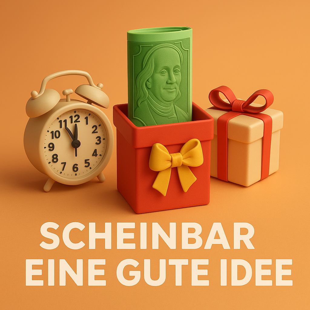 „3D-Illustration mit Geschenkboxen, Wecker auf 23:55 Uhr und Geldschein – dekoriert mit Schleifen und dem Schriftzug ‚Scheinbar eine gute Idee‘.“