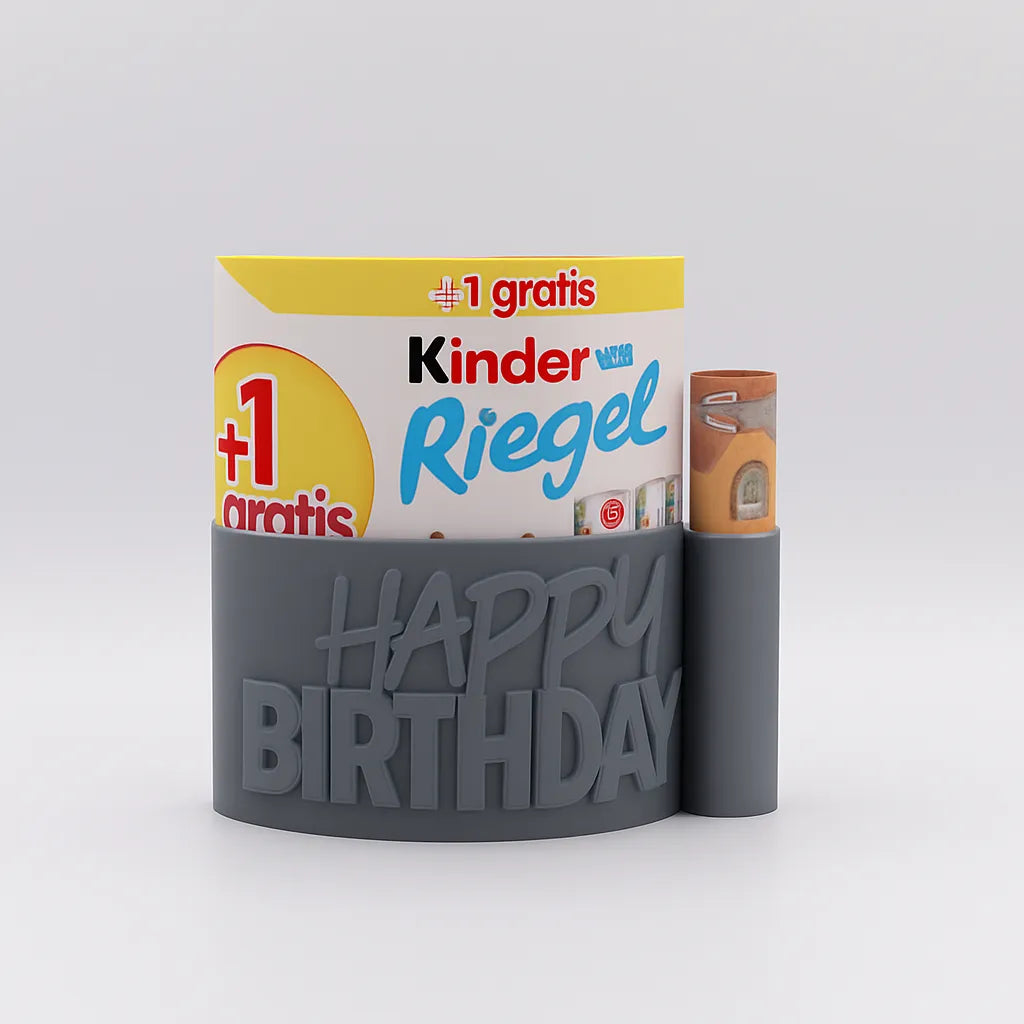 ChocoBoom Birthday Edition in Grau mit Kinder Riegel und Geldschein als kreatives Geburtstagsgeschenk