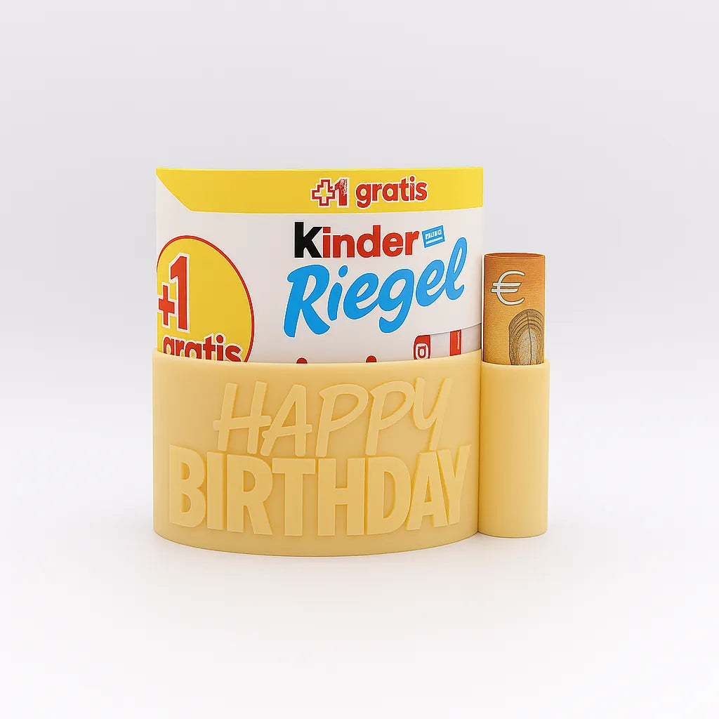 ChocoBoom Birthday Edition in Mandelgelb mit Kinder Riegel und Geldschein als kreatives Geburtstagsgeschenk