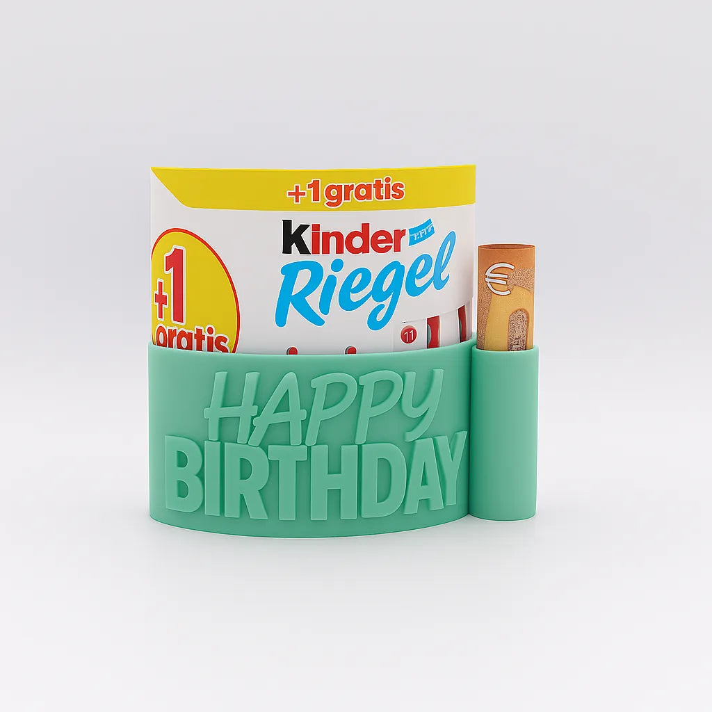 ChocoBoom Birthday Edition in Mint mit Kinder Riegel und Geldschein als kreatives Geburtstagsgeschenk