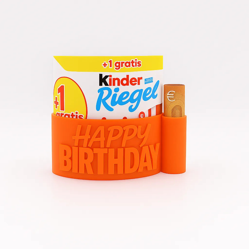 ChocoBoom Birthday Edition in Orange mit Kinder Riegel und Geldschein als kreatives Geburtstagsgeschenk
