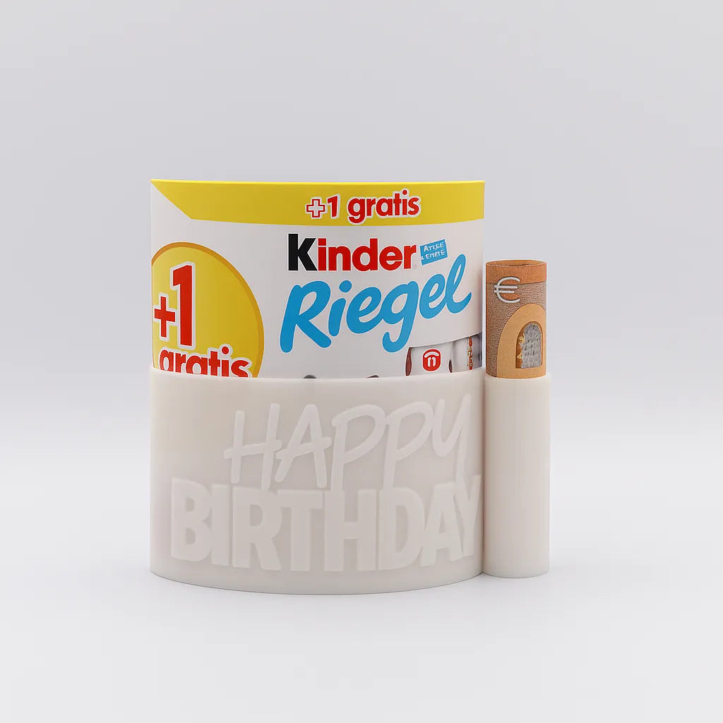 ChocoBoom Birthday Edition in Weiss mit Kinder Riegel und Geldschein als kreatives Geburtstagsgeschenk