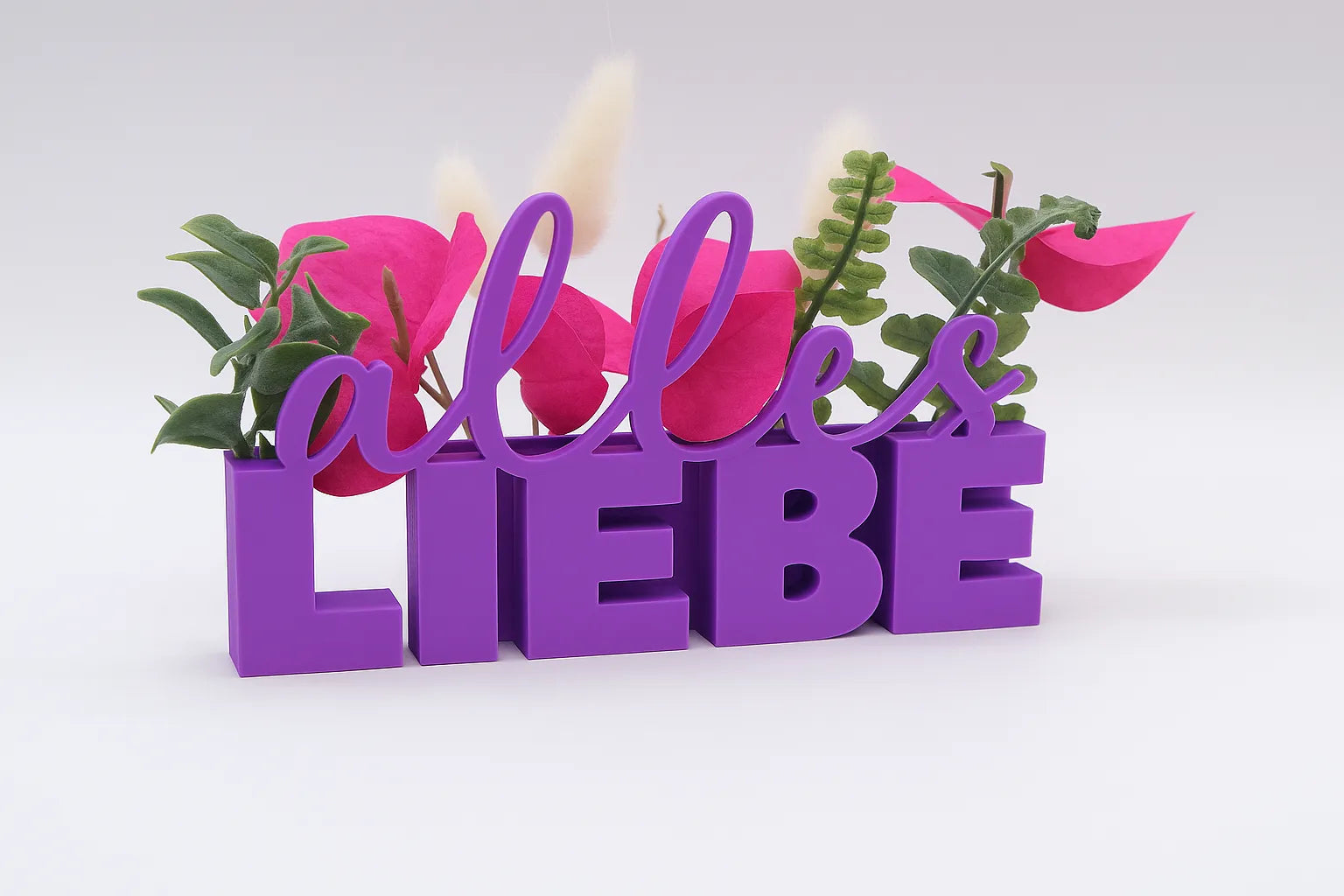LiebeDeluxe® 3D-Aufsteller mit „Alles Liebe“-Schriftzug in Lila, mit Öffnungen für Blumen oder Geldscheine