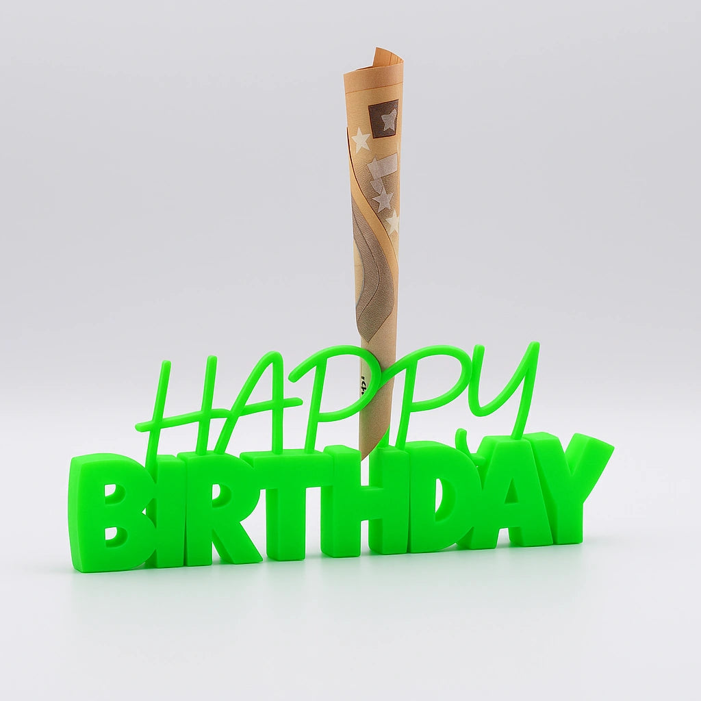 3D-Aufsteller "HAPPY BIRTHDAY" in Neon Grün mit integriertem Halter für Geldscheine – perfekte Geschenkidee zum Geburtstag