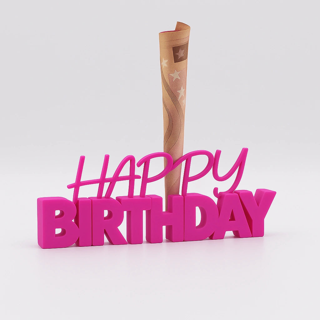 3D-Aufsteller "HAPPY BIRTHDAY" in Fuchsia mit integriertem Halter für Geldscheine – perfekte Geschenkidee zum Geburtstag