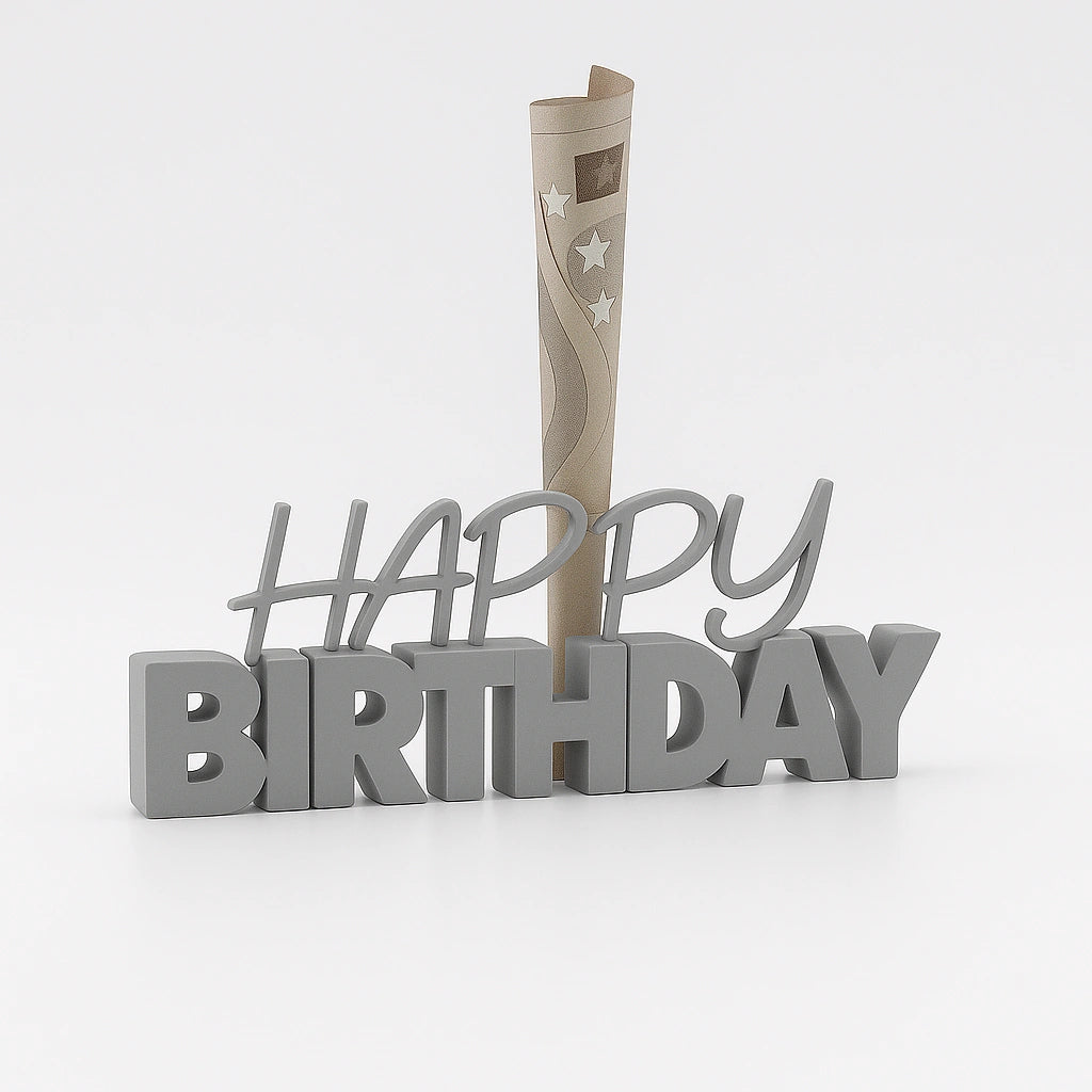 3D-Aufsteller "HAPPY BIRTHDAY" in Grau mit integriertem Halter für Geldscheine – perfekte Geschenkidee zum Geburtstag