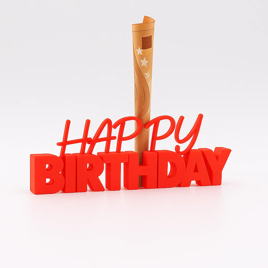 3D-Aufsteller "HAPPY BIRTHDAY" in Neon Rot mit integriertem Halter für Geldscheine – perfekte Geschenkidee zum Geburtstag