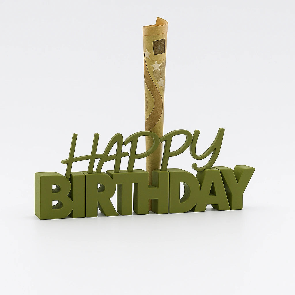 3D-Aufsteller "HAPPY BIRTHDAY" in Olivegrün mit integriertem Halter für Geldscheine – perfekte Geschenkidee zum Geburtstag
