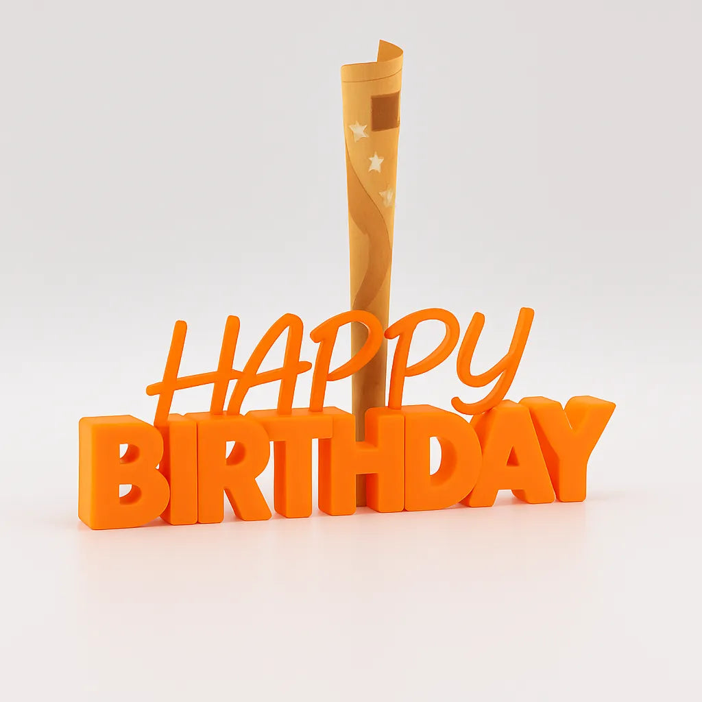 3D-Aufsteller "HAPPY BIRTHDAY" in Orange mit integriertem Halter für Geldscheine – perfekte Geschenkidee zum Geburtstag
