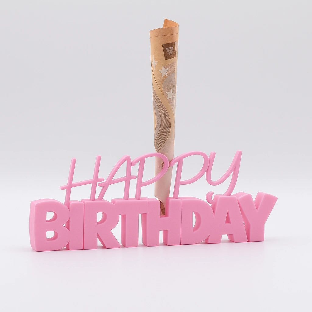 3D-Aufsteller "HAPPY BIRTHDAY" in Rosa mit integriertem Halter für Geldscheine – perfekte Geschenkidee zum Geburtstag