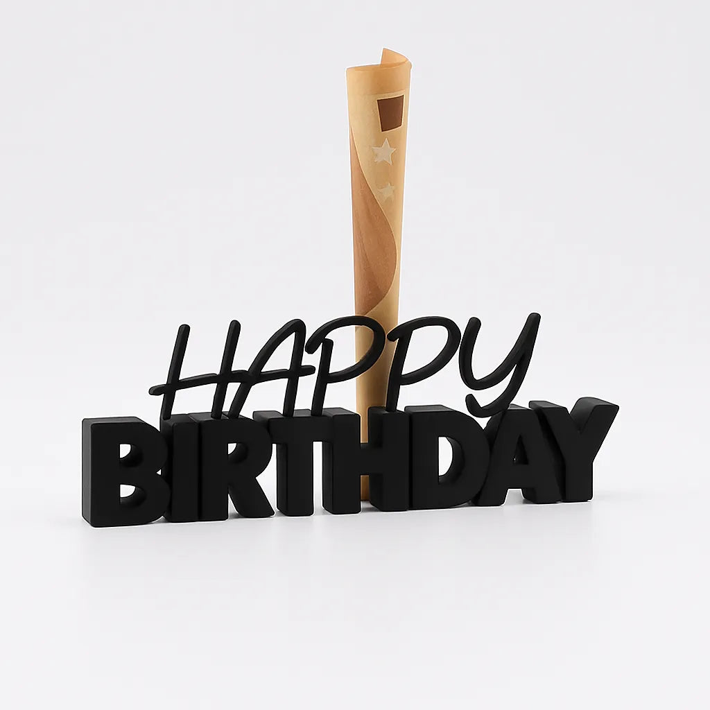 3D-Aufsteller "HAPPY BIRTHDAY" in Schwarz mit integriertem Halter für Geldscheine – perfekte Geschenkidee zum Geburtstag