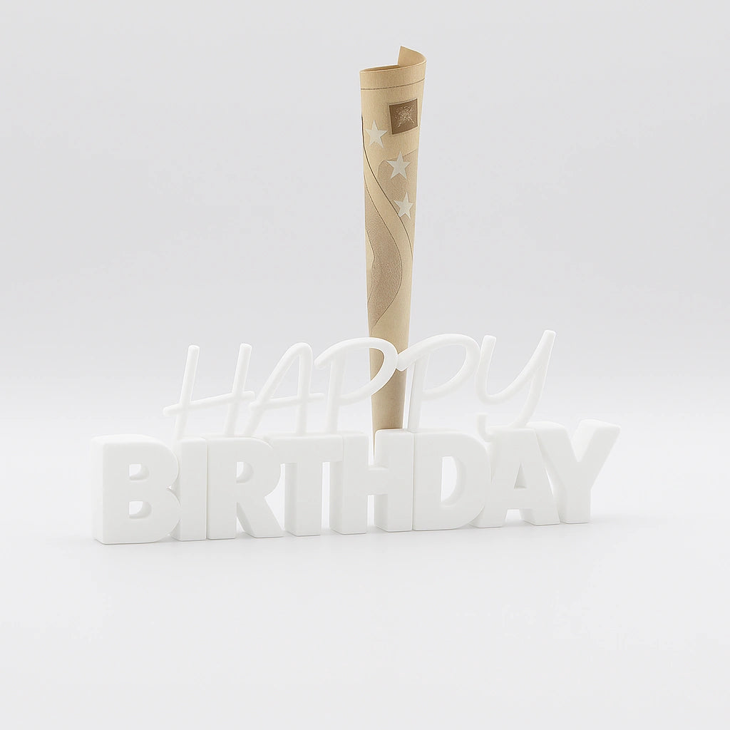 3D-Aufsteller "HAPPY BIRTHDAY" in Weiß mit integriertem Halter für Geldscheine – perfekte Geschenkidee zum Geburtstag