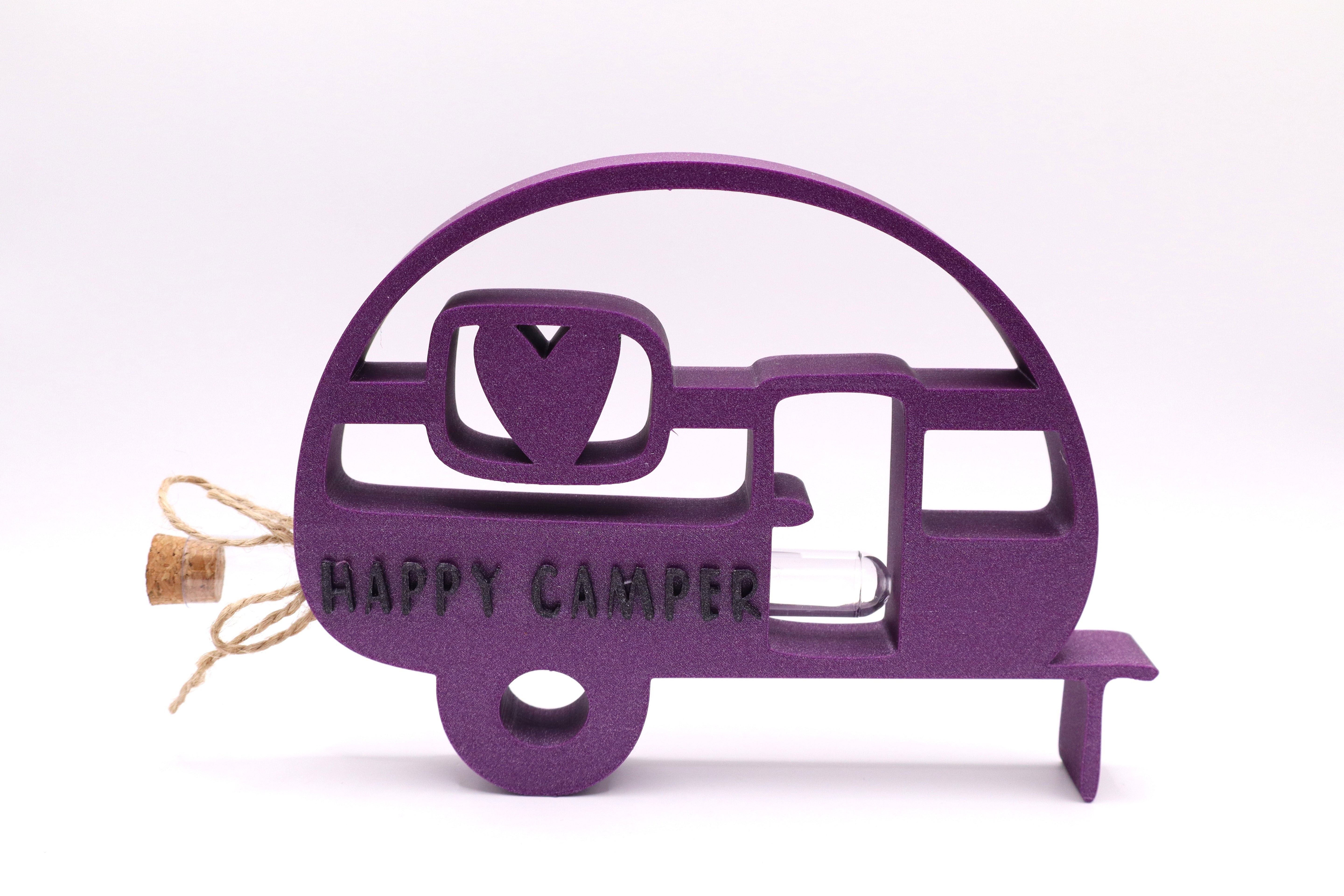 Dekorativer Geldgeschenk Aufsteller CAMPINGBOOST in Lila im Wohnmobil Design mit Reagenzglas, ideal als kreatives Geschenk für Camping, Vanlife und Reisen von MUDIVO