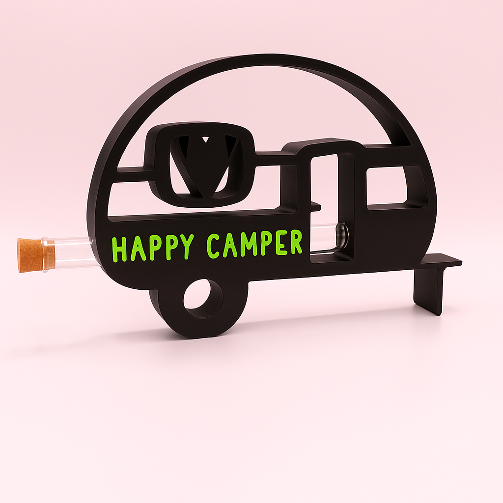 CampingBoost Aufsteller für Geldgeschenke – Grundmodell in Schwarz mit individuell wählbarer Farbe für den Camper-Anhänger. Mit Reagenzglas zum Befüllen mit Geldscheinen oder Blumen.