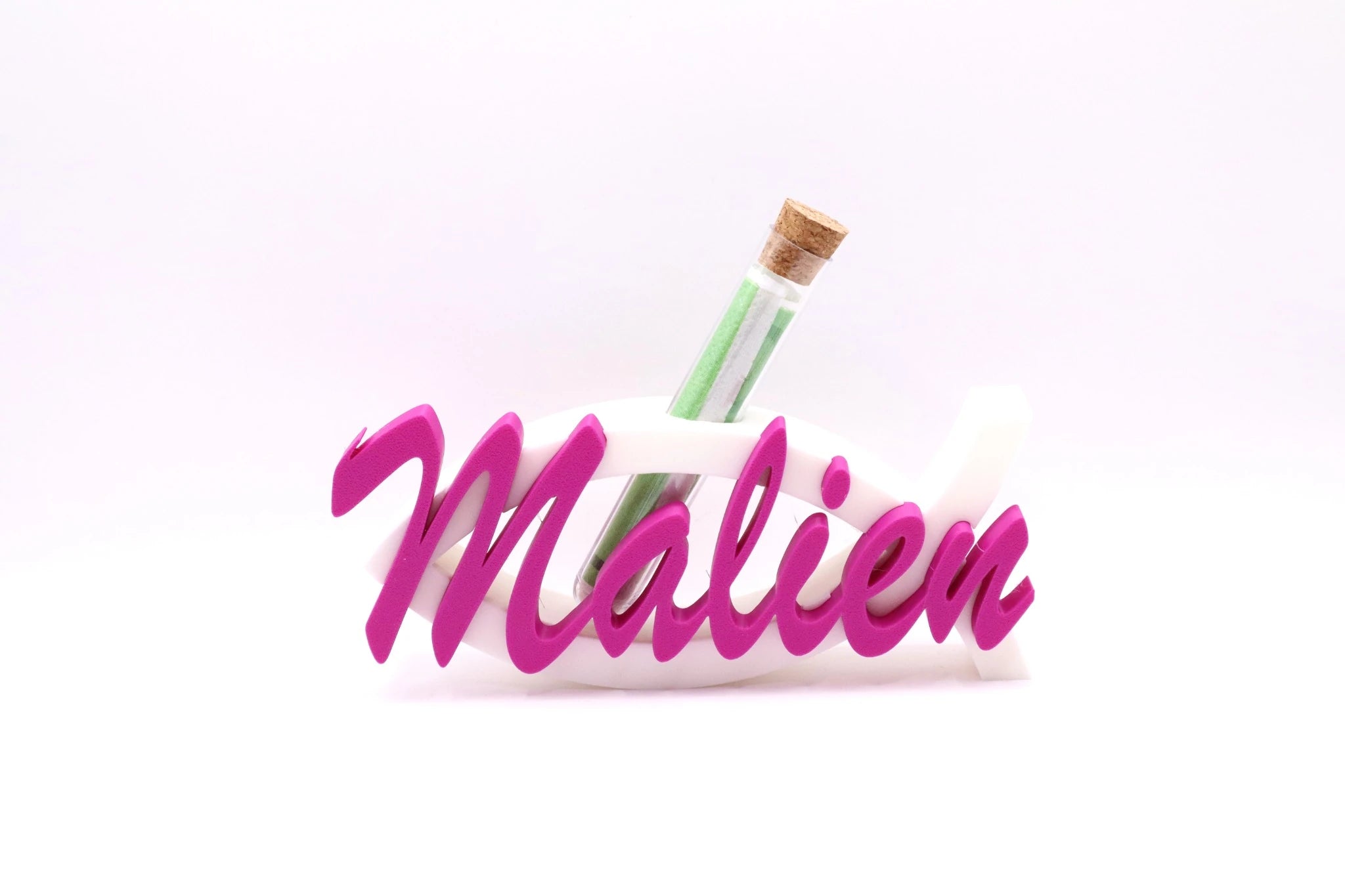 Personalisierter Ichthys Fisch GeschenkEdition mit Namen Malien in fuchsia und integriertem Reagenzglas für Geldgeschenk zur Kommunion oder Konfirmation