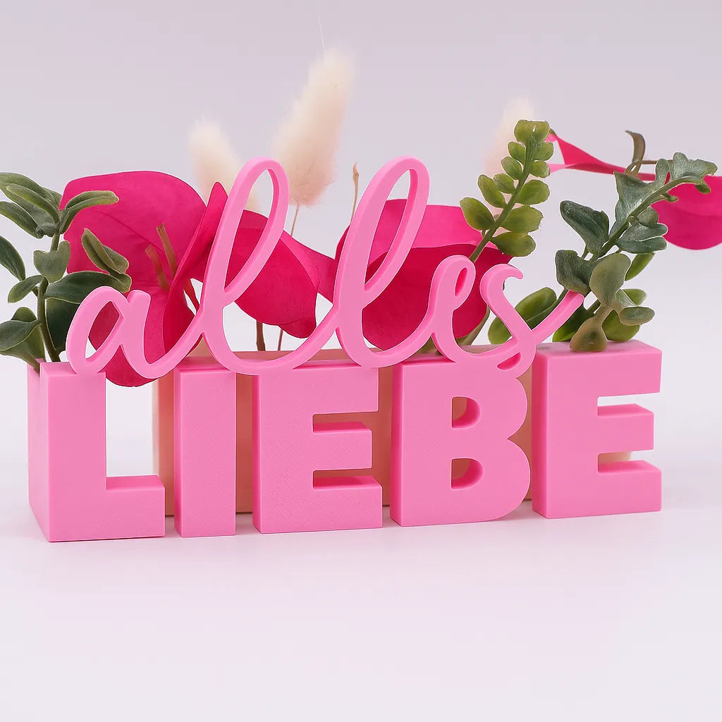 LiebeDeluxe® 3D-Aufsteller mit „Alles Liebe“-Schriftzug in Rosa, mit Öffnungen für Blumen oder Geldscheine