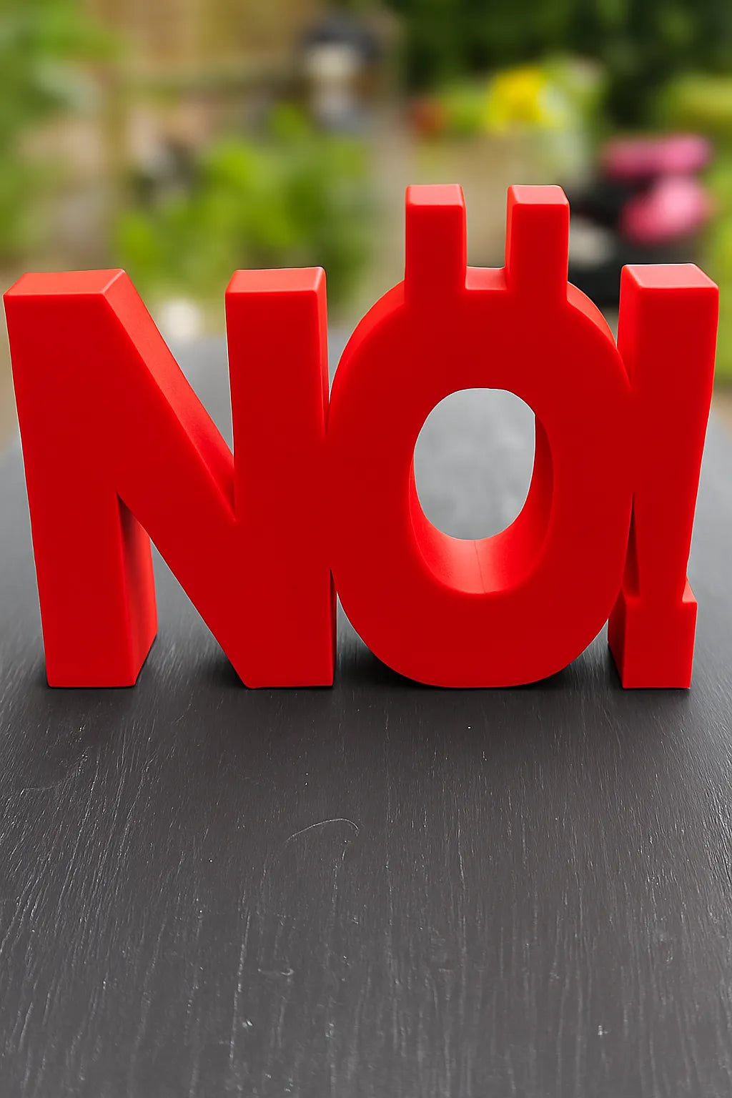 3D-Aufsteller NÖ! in grellem Neon-Rot – stylisches Statement mit Humor
