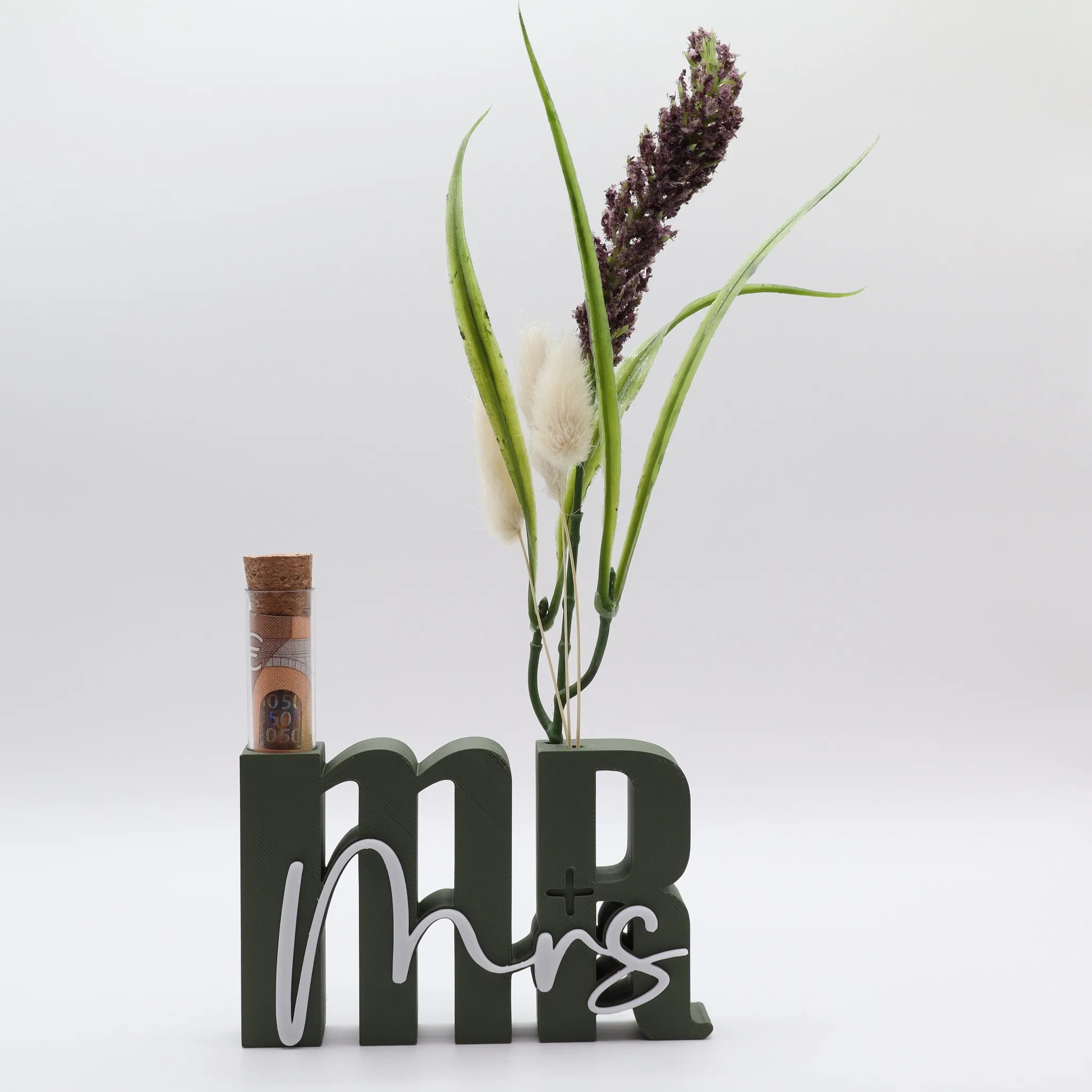 WeddingWish Geldgeschenk – Mr & Mrs 3D-Aufsteller mit Reagenzglas für Hochzeit