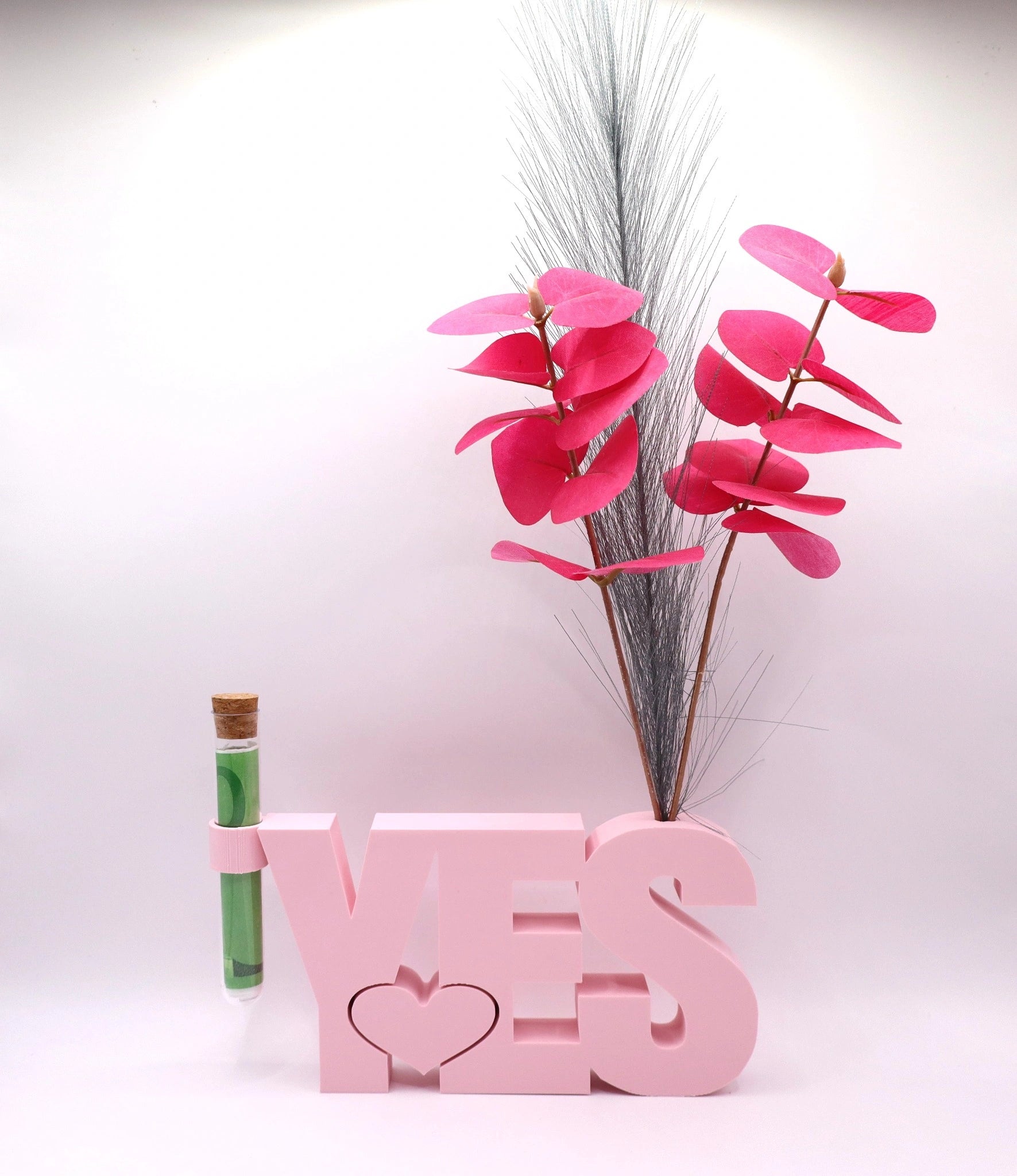 Rosa YES Aufsteller als modernes Geldgeschenk mit Reagenzglas und dekorativen Trockenblumen, stilvolles Geschenk fĂĽr Hochzeit, Verlobung oder Jahrestag von MUDIVO