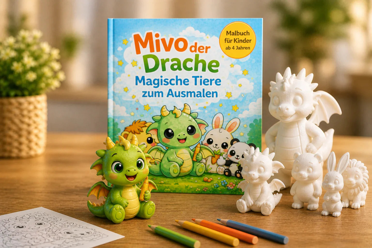 Mivo Drache Figuren Set mit Malbuch auf Holztisch – weiße 3D Figuren zum Bemalen und eine bemalte Mivo Figur als Beispiel in warmer, kreativer Umgebung