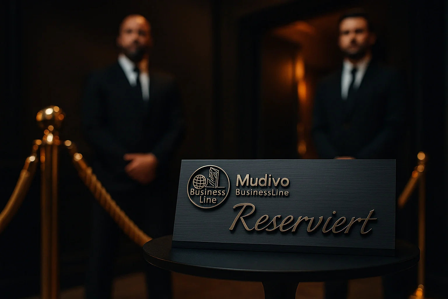 Eleganter 3D-Aufsteller Mudivo BusinessLine mit Reserviert-Schriftzug vor einem VIP-Eingang mit goldenen Absperrseilen und Security im Hintergrund – exklusives High-End-Dekobild für Firmen und Events.