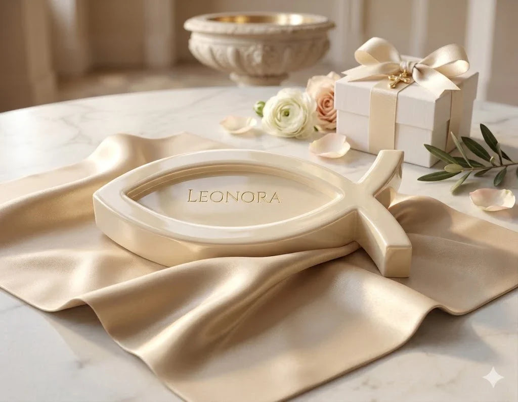 Modernes personalisiertes Fisch-Symbol mit Name Leonora als stilvolles Geschenk zur Taufe, Kommunion oder Konfirmation in edlem cremefarbenen Design