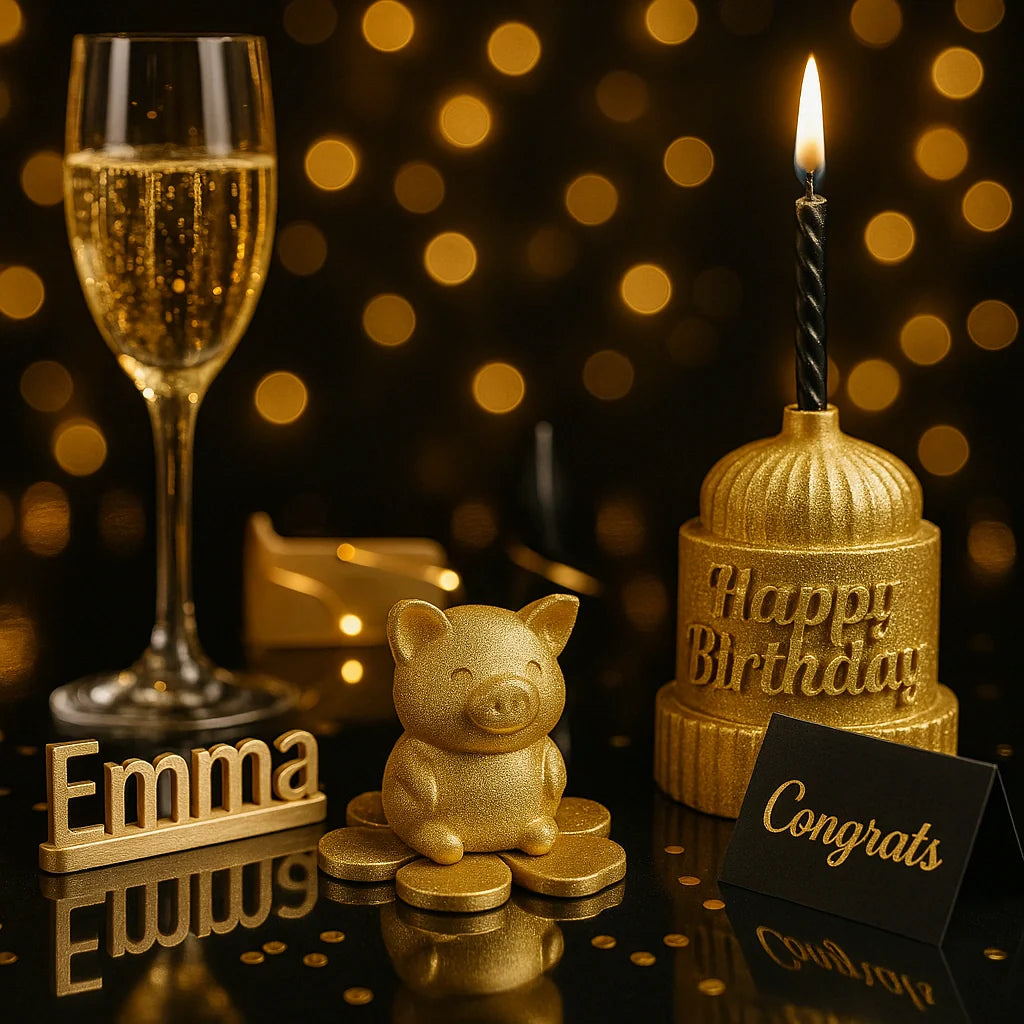 Hochglanzfoto der Mudivo PartyBoost Kollektion – stilvolle 3D-Deko mit Glücksschwein, Kerze, Namensschild und Champagner im goldenen Hollywood-Glamour-Look.