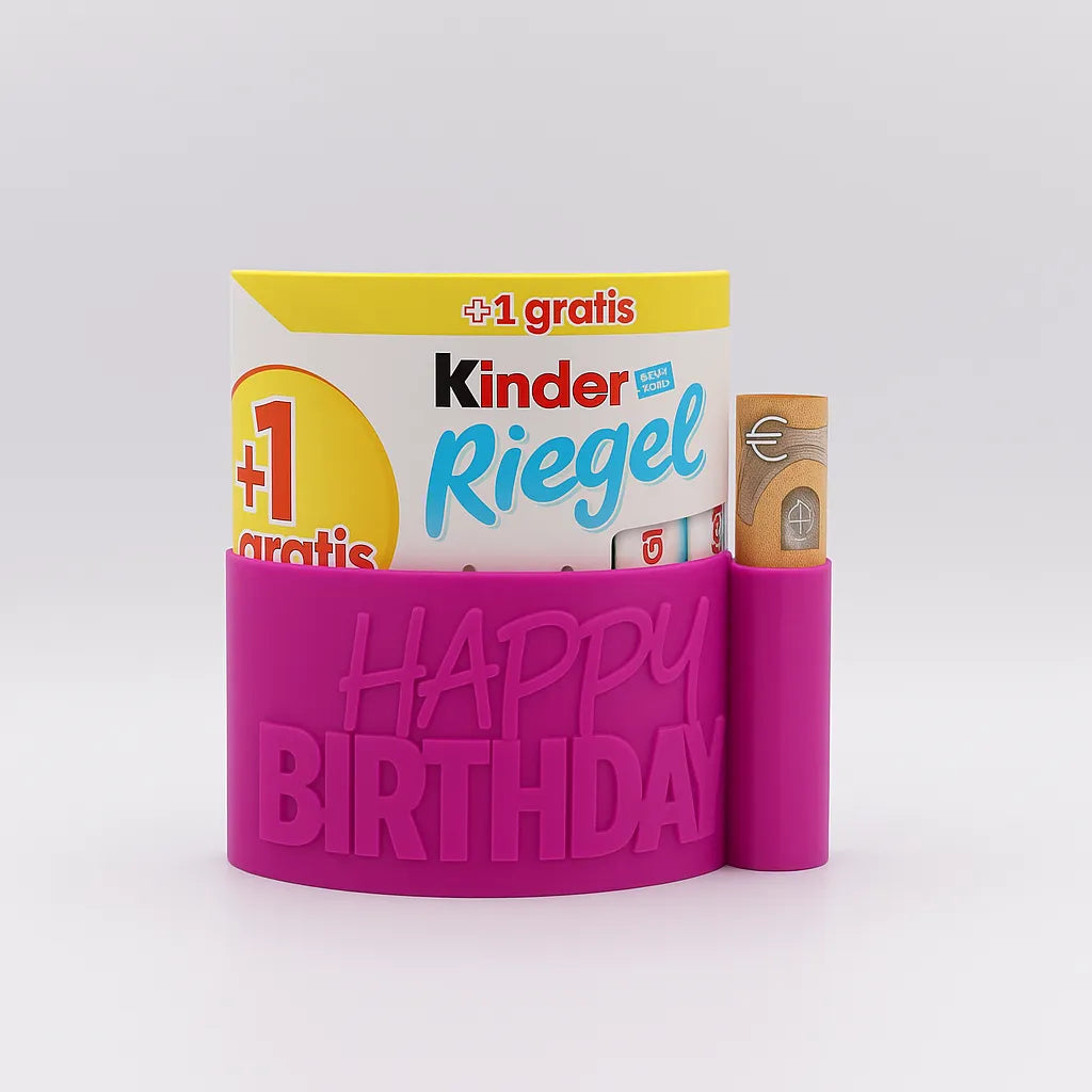 ChocoBoom Birthday Edition in Fuchsia mit Kinder Riegel und Geldschein als kreatives Geburtstagsgeschenk