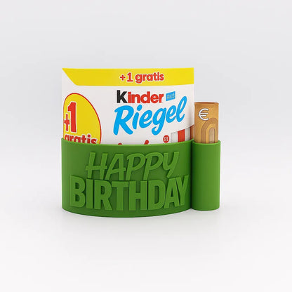 ChocoBoom Birthday Edition in Gruen mit Kinder Riegel und Geldschein als kreatives Geburtstagsgeschenk