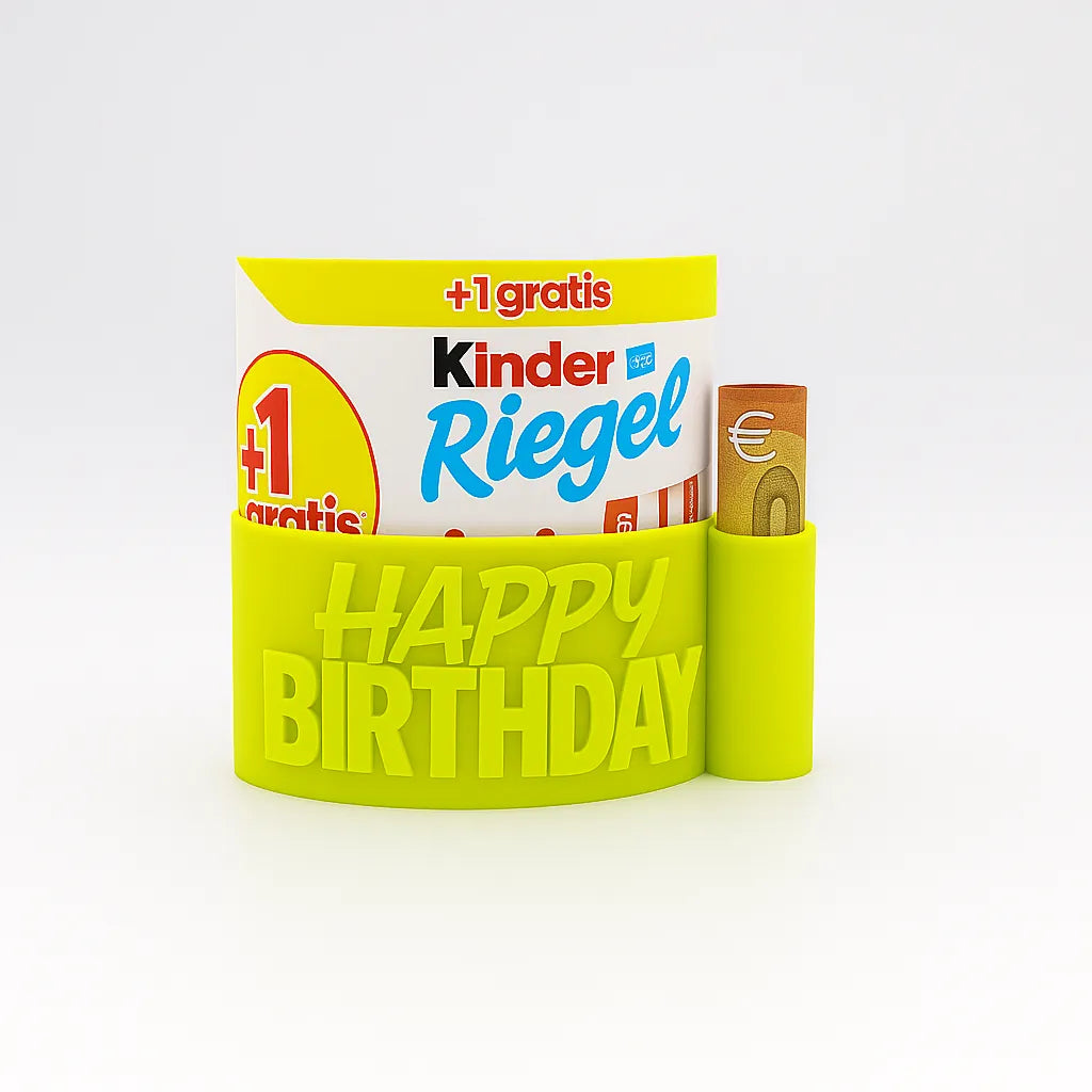 ChocoBoom Birthday Edition in Neon Gelb mit Kinder Riegel und Geldschein als kreatives Geburtstagsgeschenk
