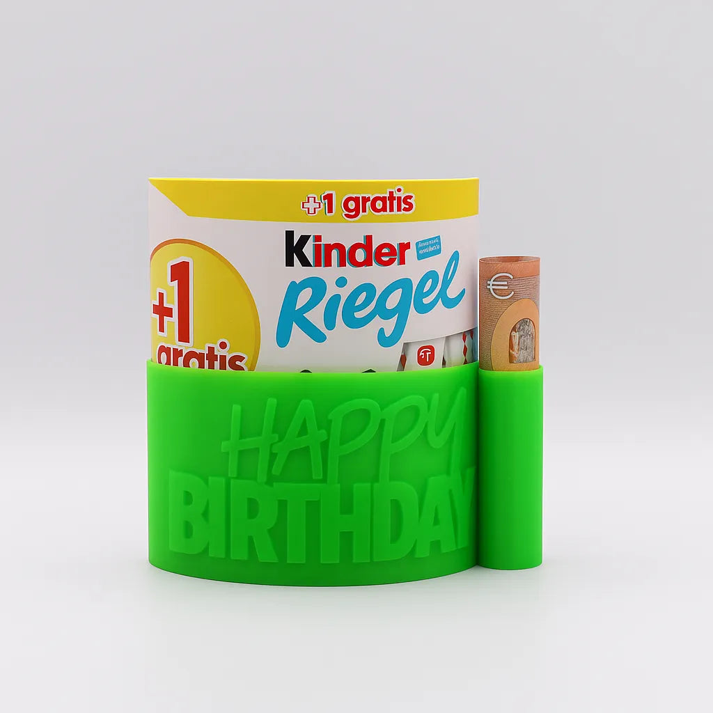 ChocoBoom Birthday Edition in Neon Gruen mit Kinder Riegel und Geldschein als kreatives Geburtstagsgeschenk 