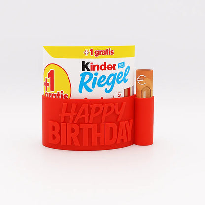 ChocoBoom Birthday Edition in Neon Rot mit Kinder Riegel und Geldschein als kreatives Geburtstagsgeschenk 