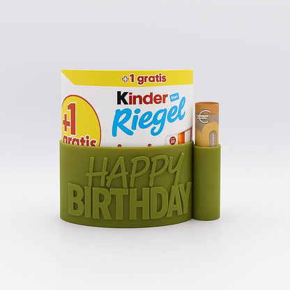 ChocoBoom Birthday Edition in Olivegruen mit Kinder Riegel und Geldschein als kreatives Geburtstagsgeschenk 