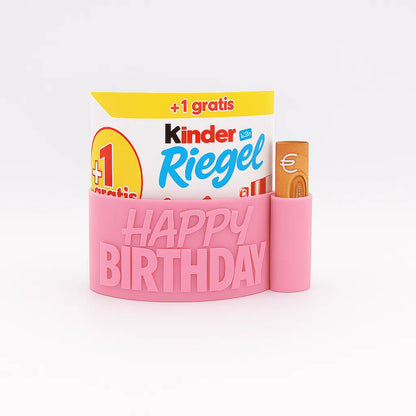 ChocoBoom Birthday Edition in Rosa mit Kinder Riegel und Geldschein als kreatives Geburtstagsgeschenk