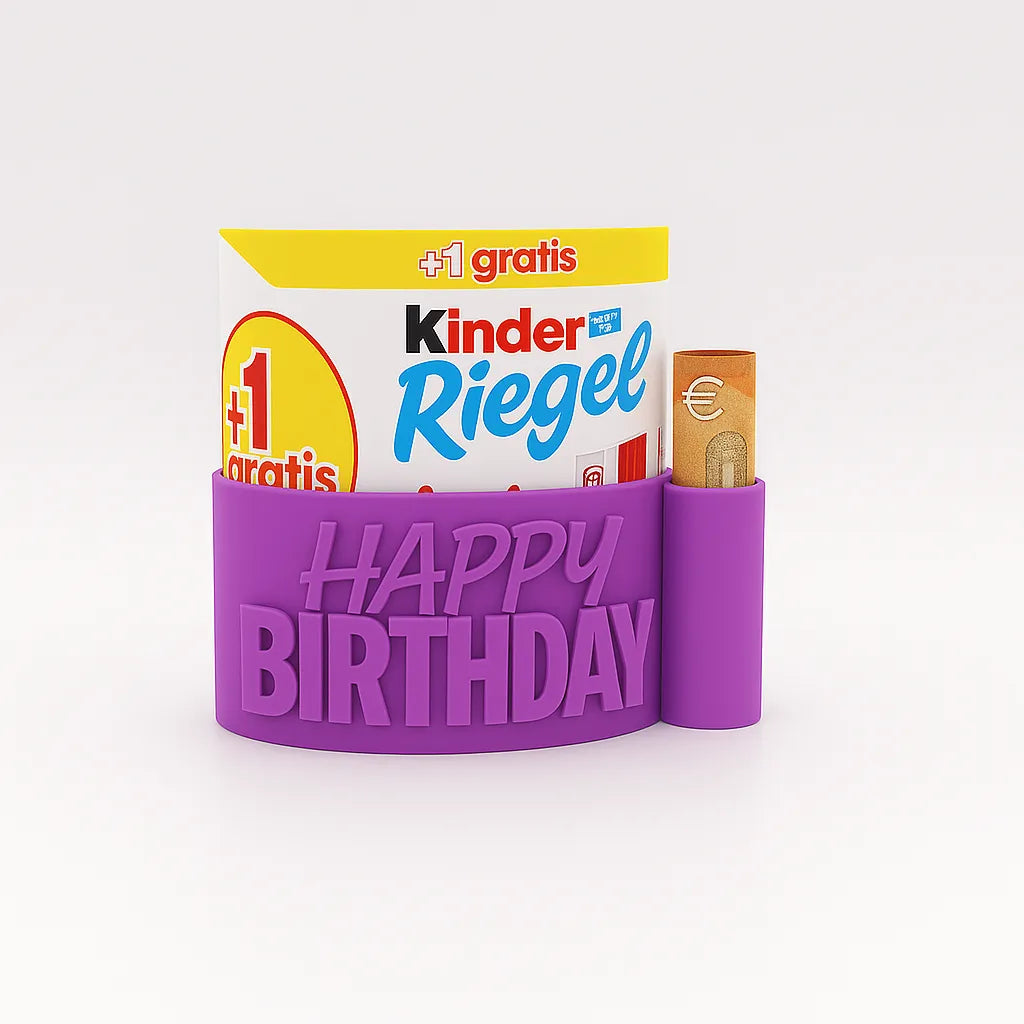 ChocoBoom Birthday Edition in Lila mit Kinder Riegel und Geldschein als kreatives Geburtstagsgeschenk  