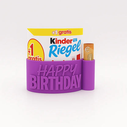 ChocoBoom Birthday Edition in Lila mit Kinder Riegel und Geldschein als kreatives Geburtstagsgeschenk  