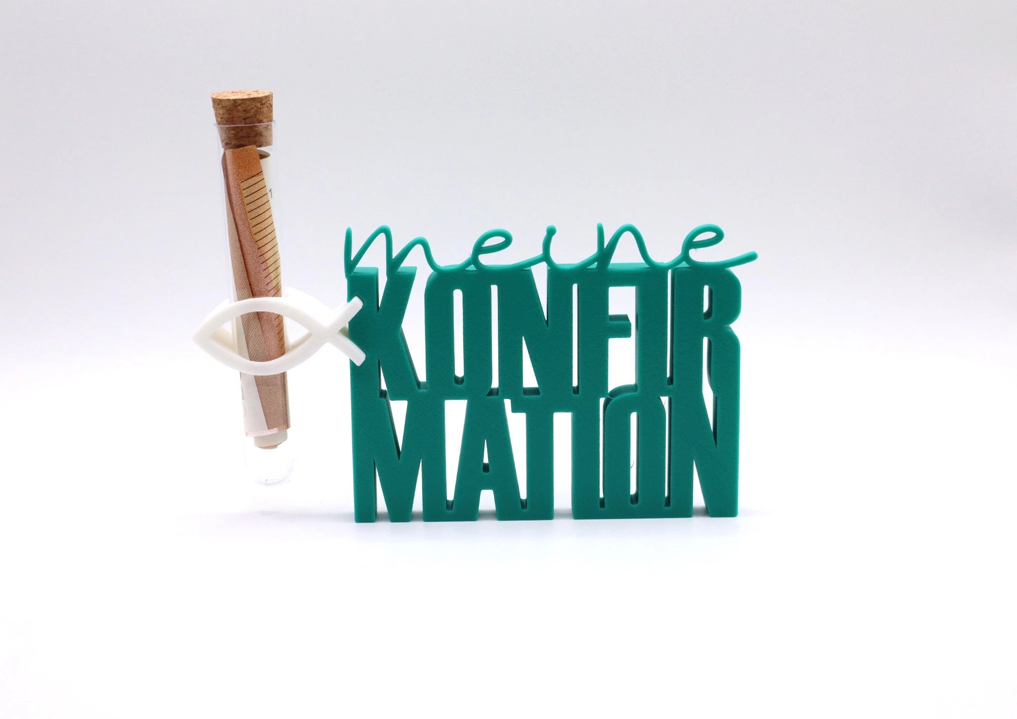 Moderner Aufsteller zur Konfirmation als MeinMoment mit Reagenzglas, Fisch-Halter und stilvollem Design zum Hinstellen