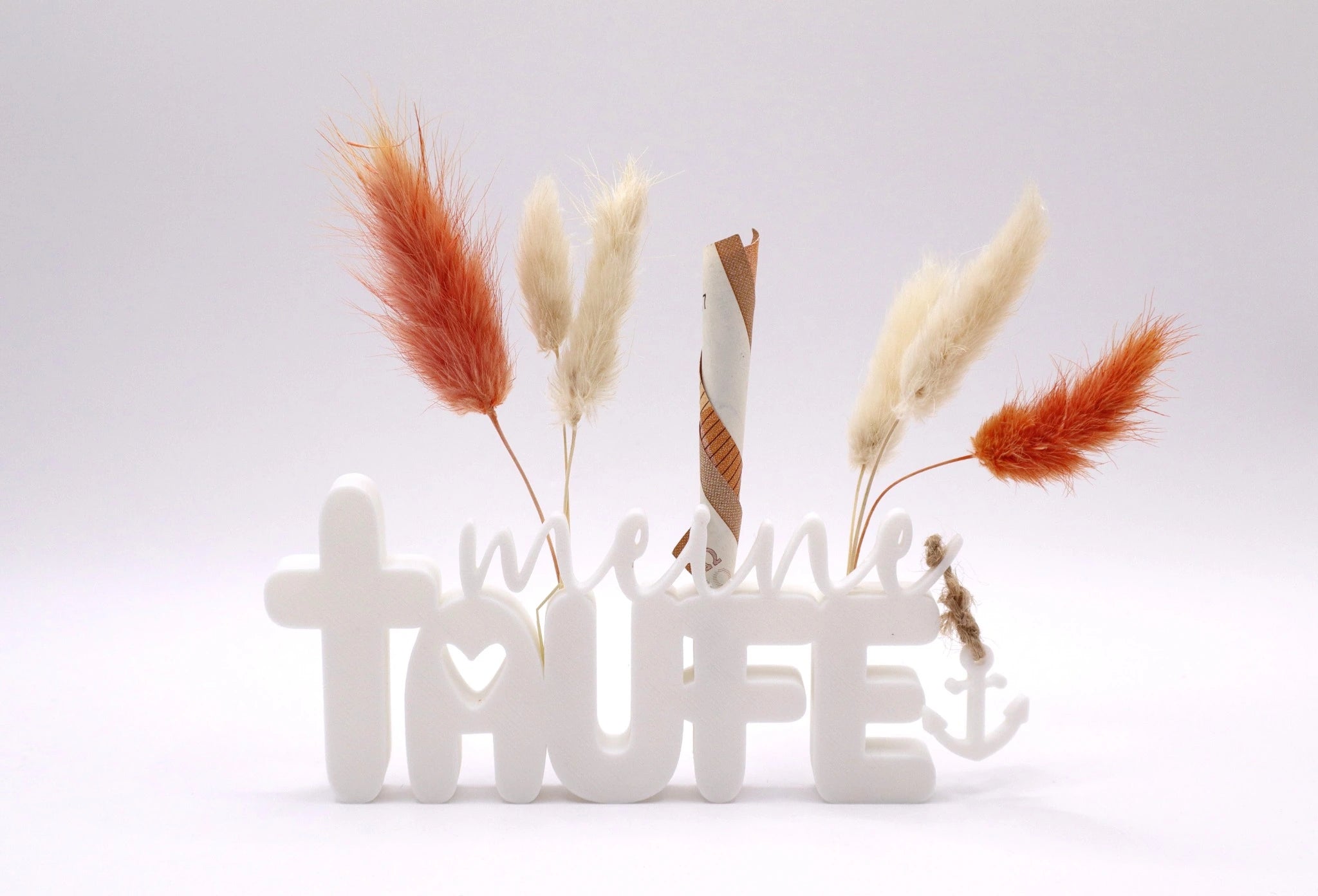 Stilvolles Geldgeschenk zur Taufe als TaufMoment Aufsteller mit Anker-Symbol, Blumen-Dekoration und integrierter Geldscheinhalterung