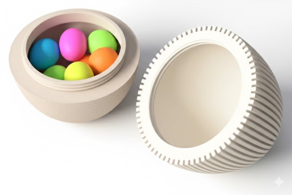 Geöffnetes Arcana Egg in Beige als zweiteilig verschraubbares 3D-Druck Designobjekt mit integriertem Hohlraum – dekoratives Ei mit verstecktem Fach für kleine Überraschungen oder Geldgeschenke.