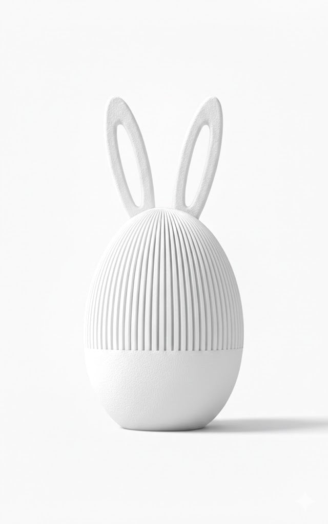 Arcana Egg in Weiß als reduziertes 3D-Druck Dekoelement mit eleganter Linienführung – zeitlose Osterdekoration oder modernes Objekt für Sideboard und Regal.