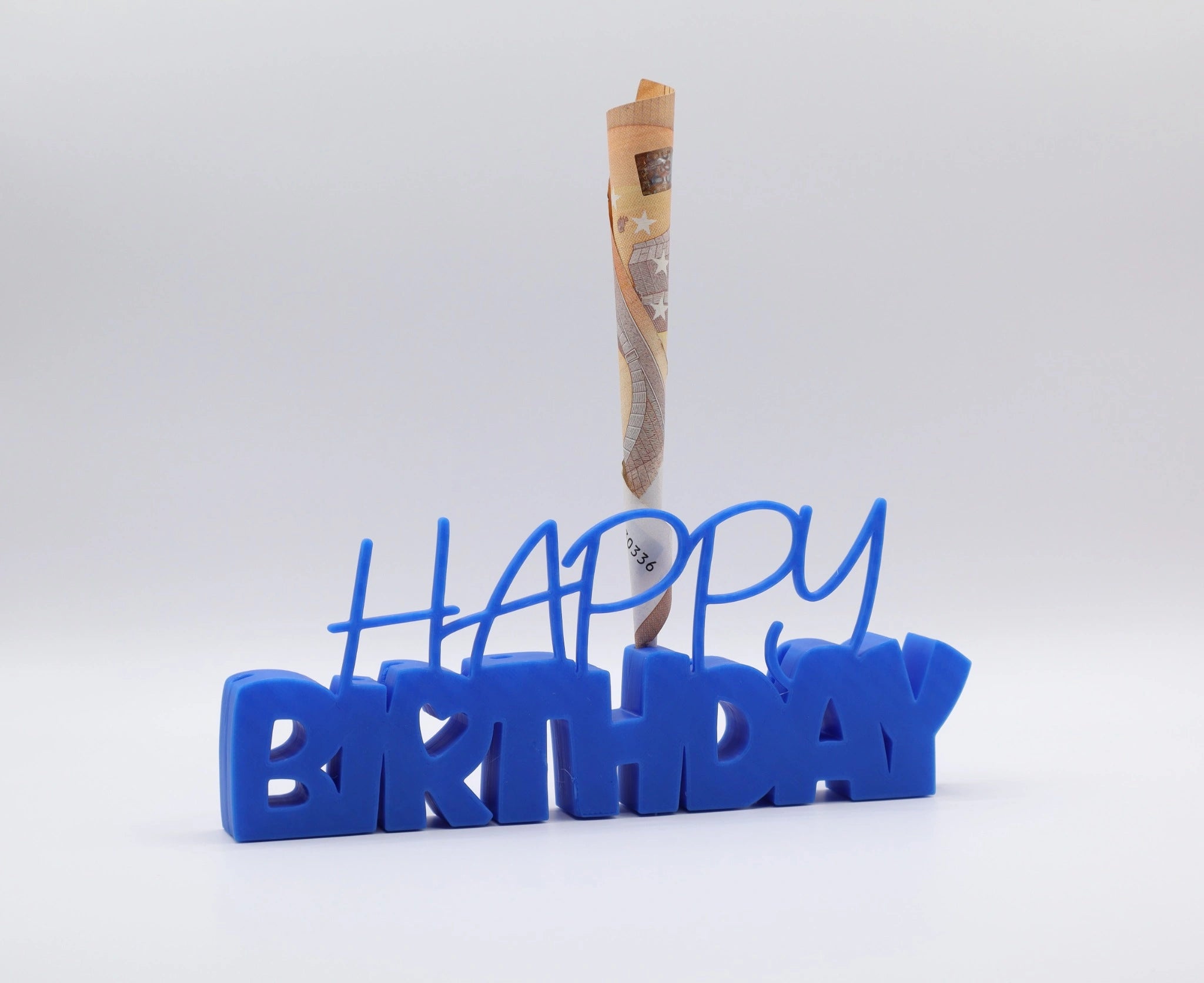 3D-Aufsteller "HAPPY BIRTHDAY" in Blau mit integriertem Halter für Geldscheine – perfekte Geschenkidee zum Geburtstag