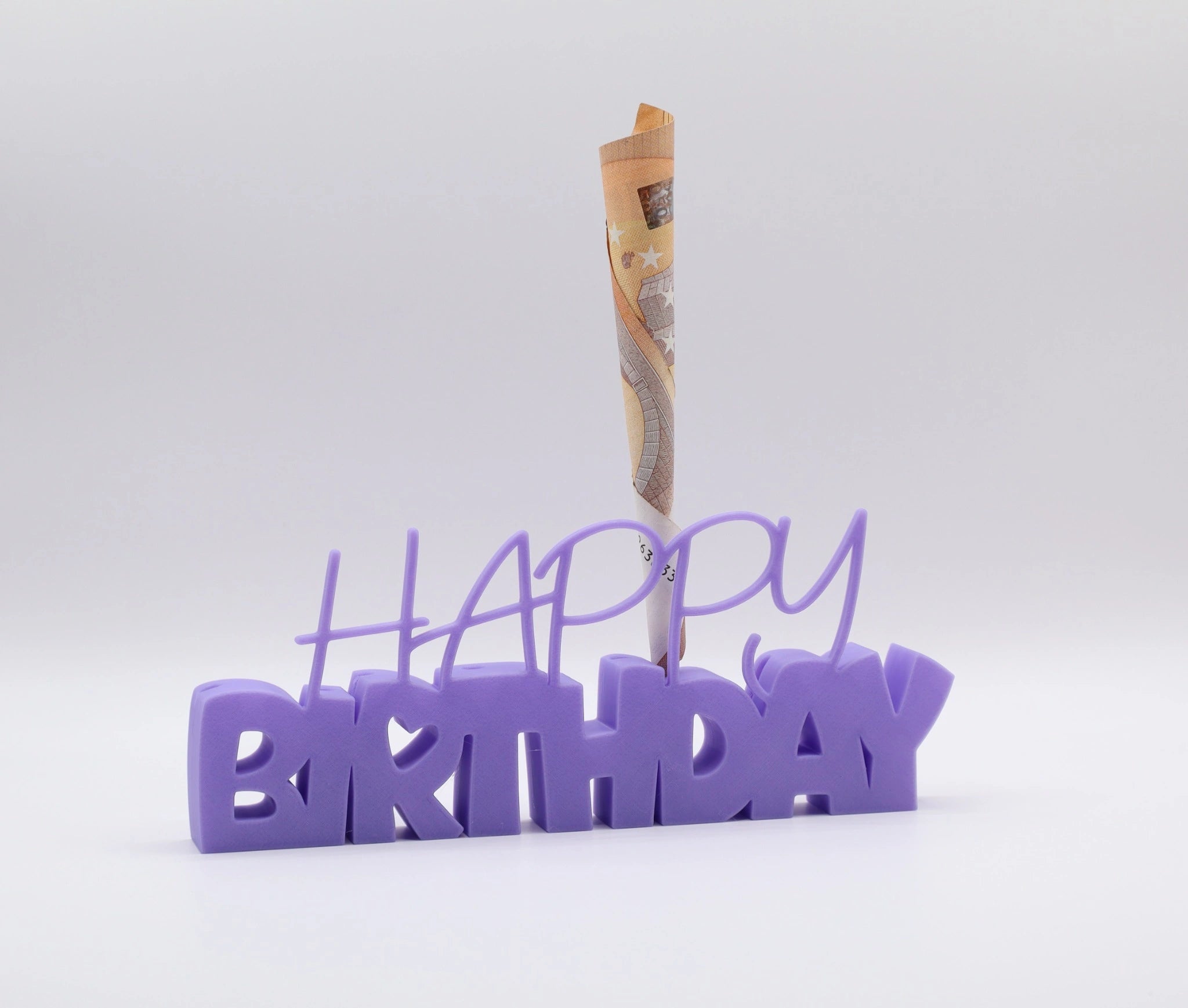 3D-Aufsteller "HAPPY BIRTHDAY" in Lila mit integriertem Halter für Geldscheine – perfekte Geschenkidee zum Geburtstag