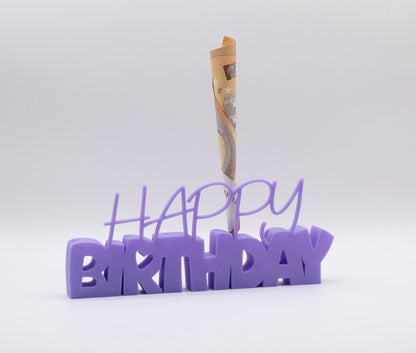 3D-Aufsteller "HAPPY BIRTHDAY" in Lila mit integriertem Halter für Geldscheine – perfekte Geschenkidee zum Geburtstag