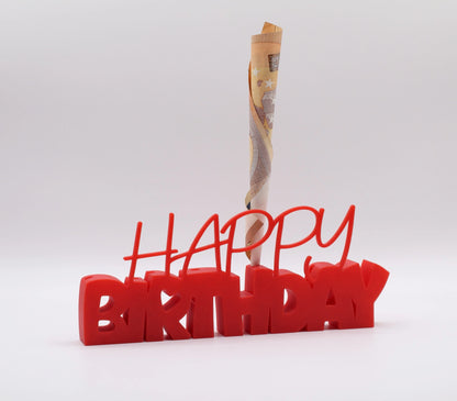 3D-Aufsteller "HAPPY BIRTHDAY" in Rot mit integriertem Halter für Geldscheine – perfekte Geschenkidee zum Geburtstag