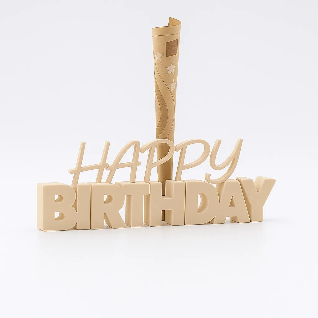 3D-Aufsteller "HAPPY BIRTHDAY" in Beige mit integriertem Halter für Geldscheine – perfekte Geschenkidee zum Geburtstag