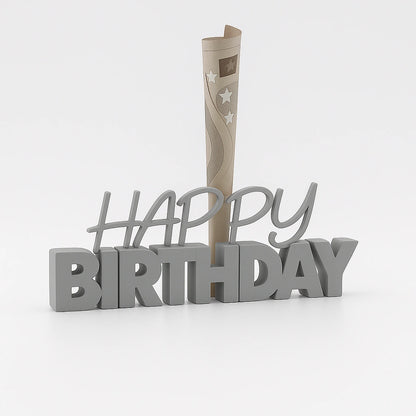 3D-Aufsteller "HAPPY BIRTHDAY" in Grau mit integriertem Halter für Geldscheine – perfekte Geschenkidee zum Geburtstag