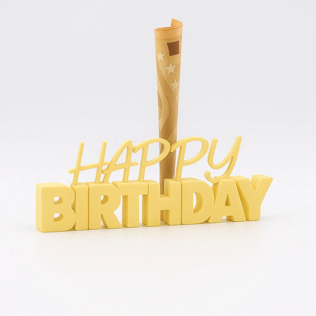 3D-Aufsteller "HAPPY BIRTHDAY" in Mandelgelb mit integriertem Halter für Geldscheine – perfekte Geschenkidee zum Geburtstag