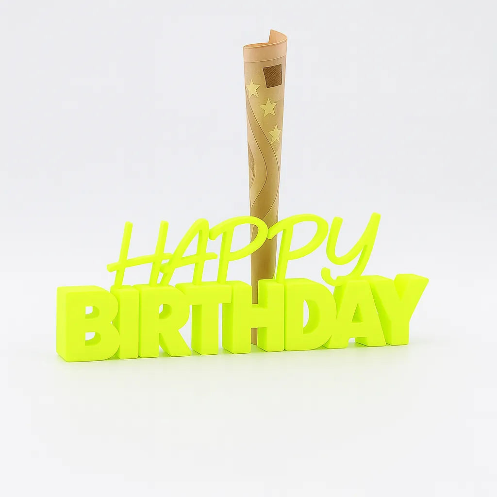 3D-Aufsteller "HAPPY BIRTHDAY" in Neon Gelb mit integriertem Halter für Geldscheine – perfekte Geschenkidee zum Geburtstag